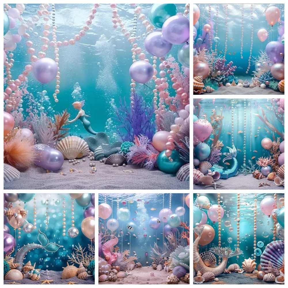 Underwater World Mermaid Shell Starfish Banner Photography Backdrop, Children's Birthday Decoration Photography Studio Backdrop