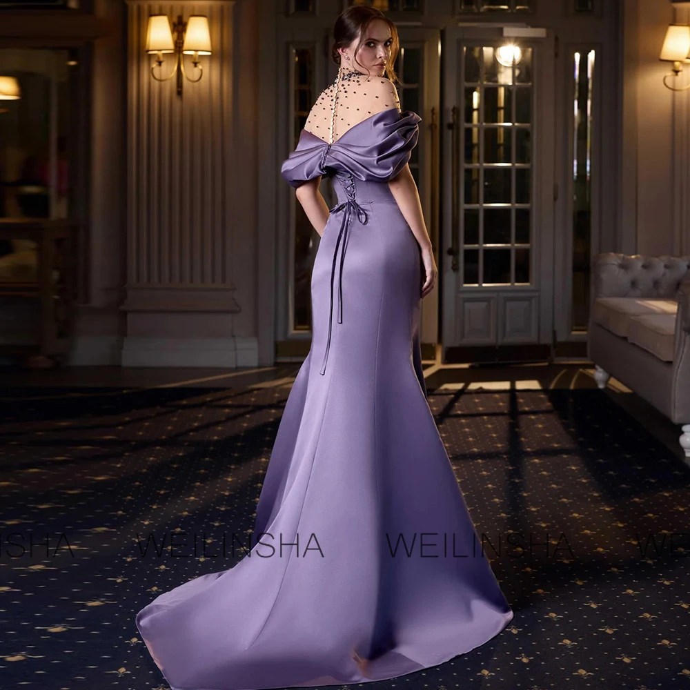 فساتين سهرة أرجوانية للنساء من الساتان حورية البحر/البوق فستان أنيق للحفلات الياقة المدورة واللؤلؤ مطوي مكشكش فساتين أم العريس #2