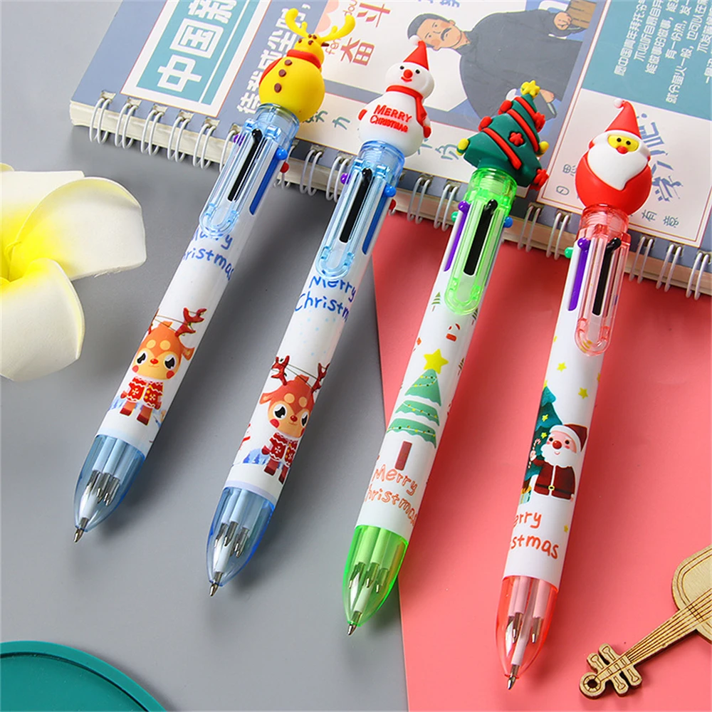 Cartoon Santa Claus Xmas Tree Six Color Ballpoint Pen Merry Christmas Gift Stationery Writing Tool Office School Supply Souvenir