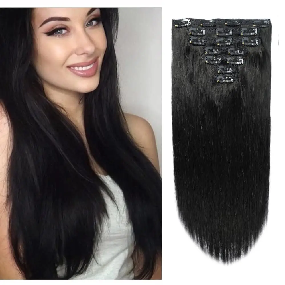 

7 Pieces Clip In Hair Extensions 100% Human Hair 20-22inch Natural Black For Daily Volumizing Hairstyles