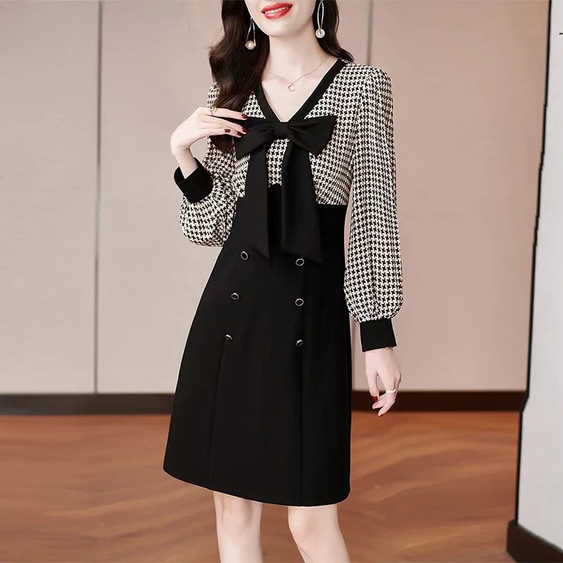 

Autumn Winter Elegant Fashion Plaid Patchwork Bow Dress Ladies Long Sleeve Vintage Waist Vestidos Casual A-line Robe Z28