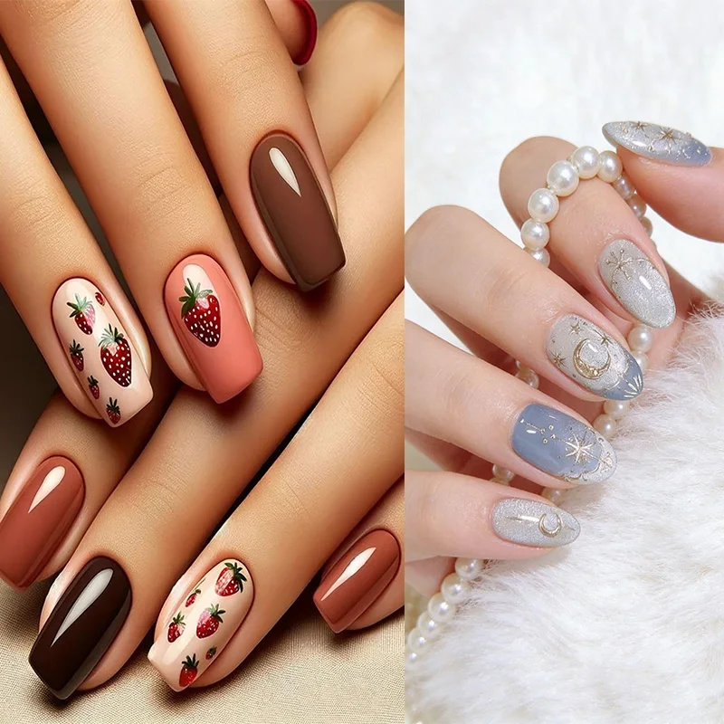 

24Pcs Short Square Press-On Fake Nails Sweet Strawberr Nail Art Decoration Manciure for Women and Girls Valentine's Day Gift
