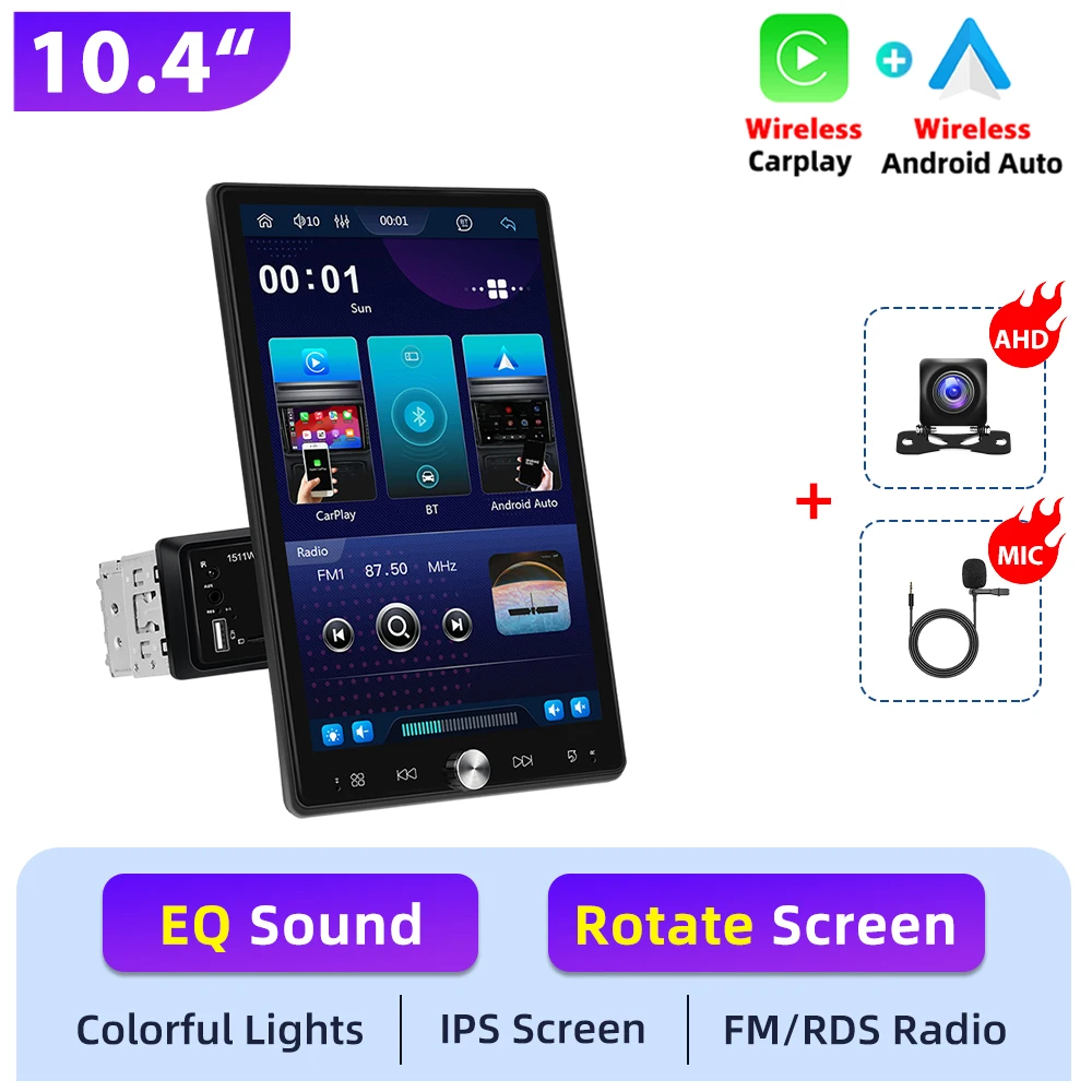 Podofo 10.4'' draaibare 1DIN autoradio met draadloze Carplay, Android Auto, multimediaspeler, Mirror Link, BT, FM/RDS radio en EQ