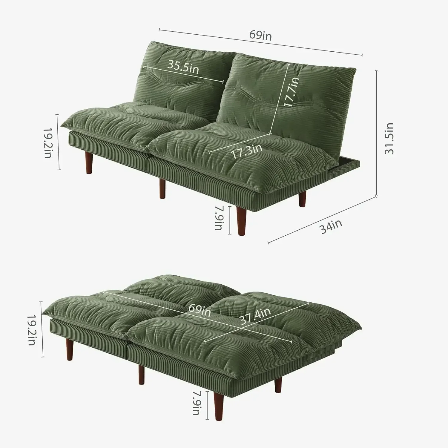 Futon Sofa Bed, 69 inch Futon Couch with Adjustable Backrest, Corduroy Convertible Sleeper Sofa Bed, Folding Sleeper Recliner fo
