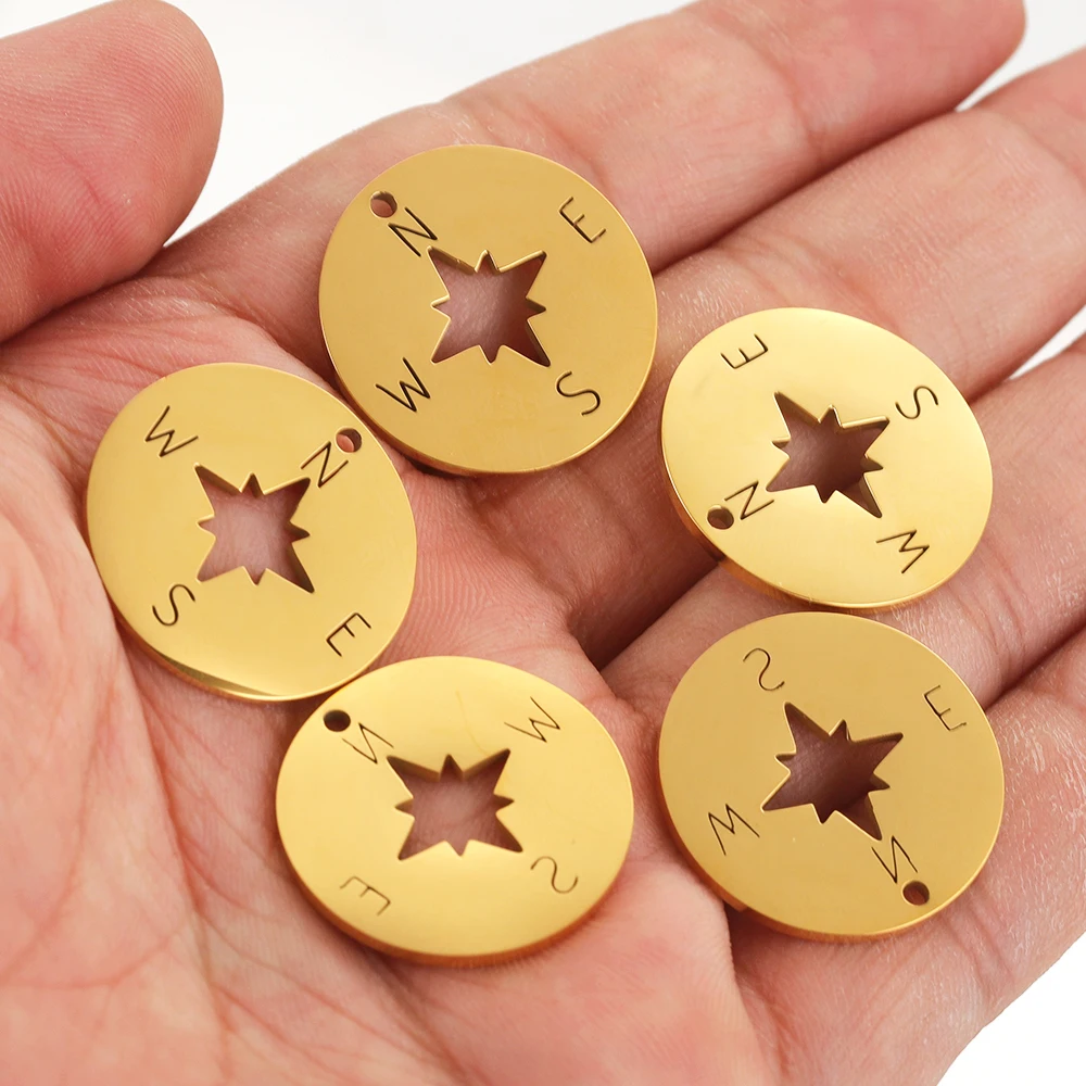 5pcs Stainless Steel Gold Plated Compass Pendant Round for DIY Necklace Bracelet Material Charms for Jewelry Making Wholesale