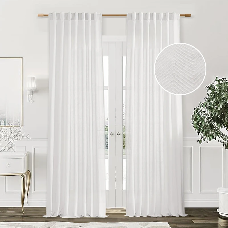 Custom Size Herringbone Sheer Curtains Soft Texture Privacy Semi-Sheer Drapes, Elegant UV Protection White Window Treatments