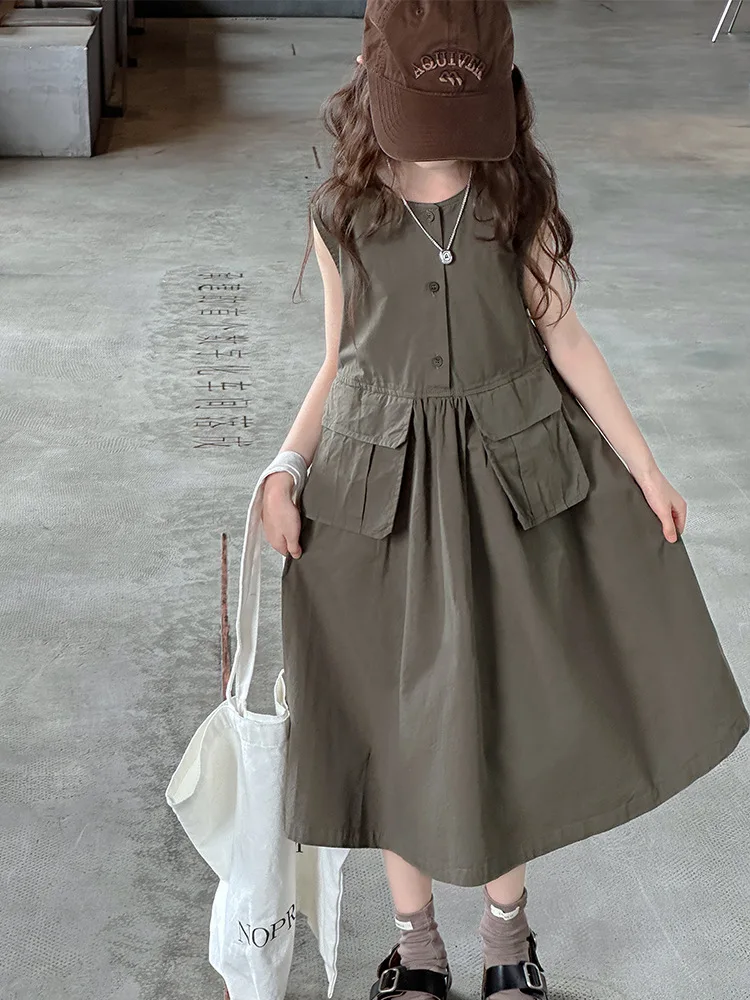 Vestiti per ragazze 2026 Abiti verdi estivi Tasche per bambini Abiti per bambini per bambini 5 6 7 8 9 10 11 12 13 14 15 16 17 18 19 20 anni