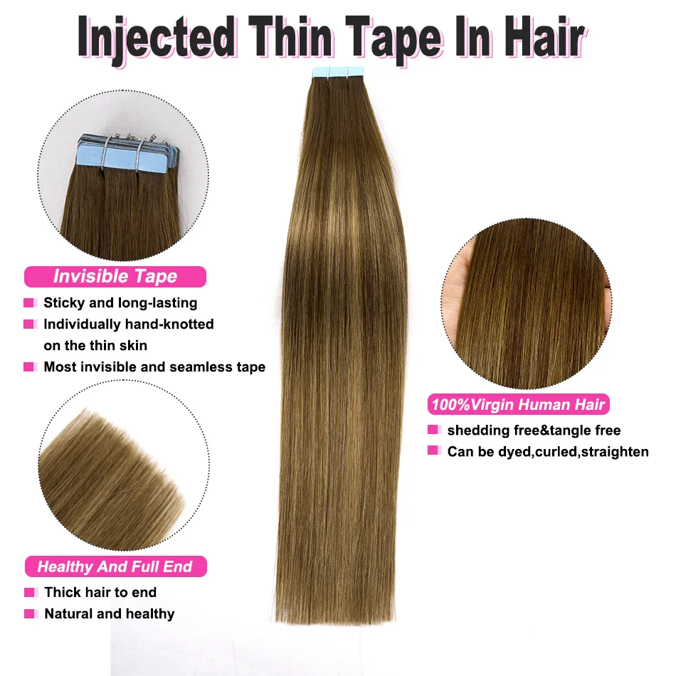 PLADIO Tape In Human Hair Extensions T4/4/27 Ombre Brown 14-28 Inch Silky Straight Remy Hair Invisible No Tangling 20/40 Pcs