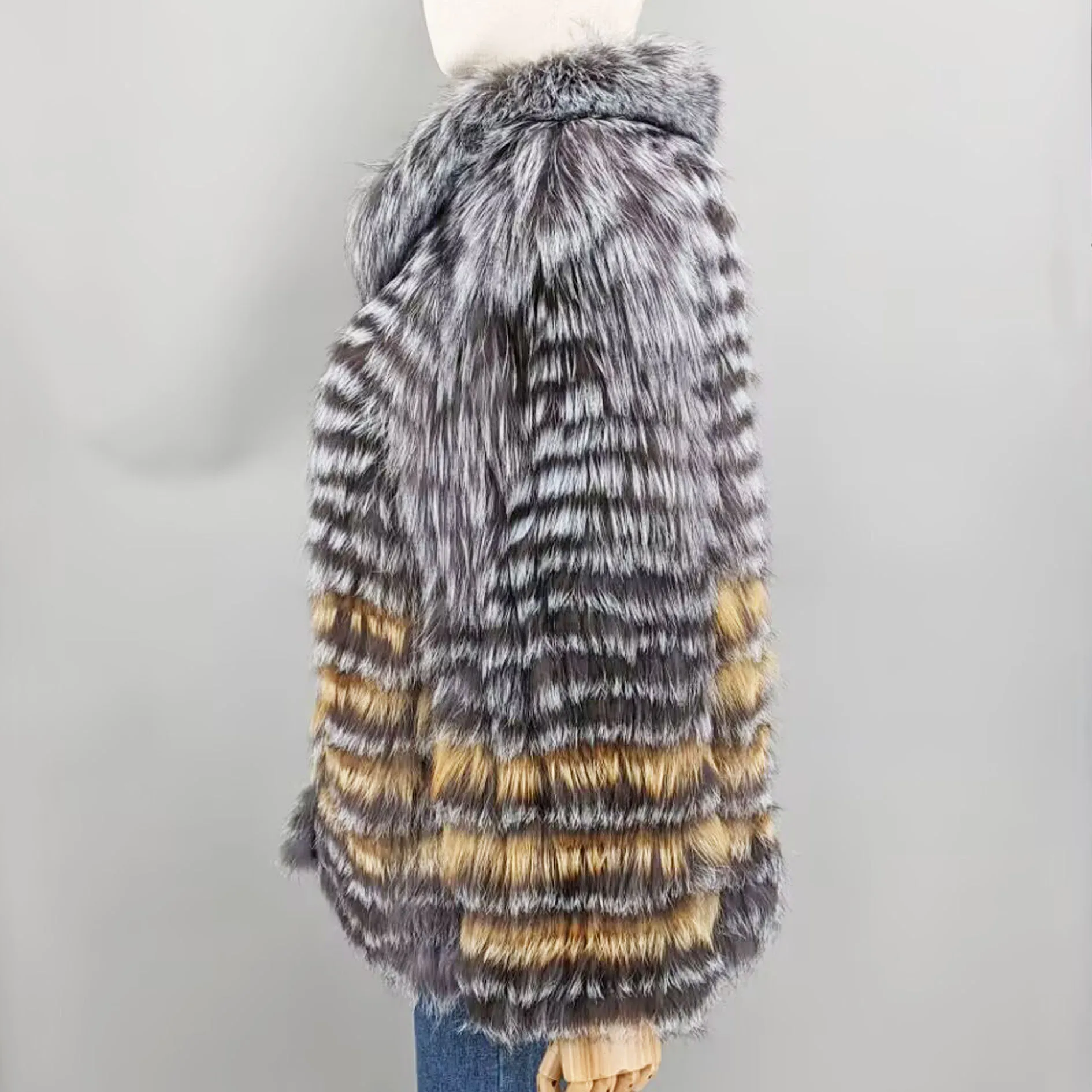 Lady Striped Real Silver Fox Fur Coat Short Jacket Spring Autumn Luxury Elegant Big Size Clothes Luxurious With Fur Collar 2107