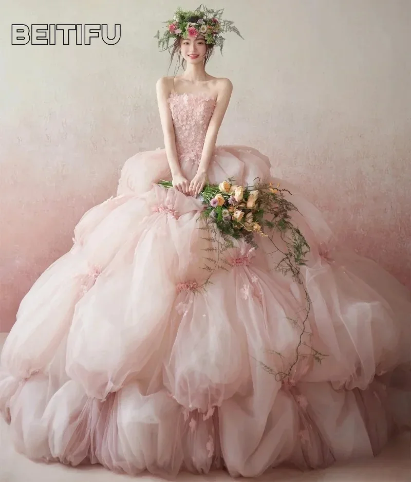 

BeitifuBaby Evening Dress for Women Princess Style 3D Flowers Decoration Strapless A-line Cake Skirt Banquet Gown Party Dresses