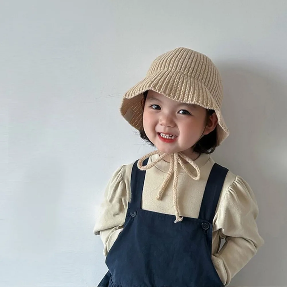 

New Wool Fisherman Hat Solid Color Knitted Bucket Hat Lace-up Warm Panama Basin Cap Kids