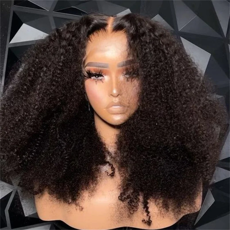 

Long 24" Black 180Density Kinky Curly Lace Front Wig For Women With Baby Hair Synthetic Preplucked Heat Resistant Glueless Soft