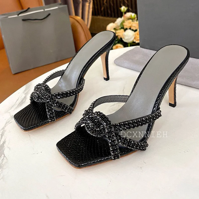 Luxury Rhinestone Thin high Heel Slippers Women Square Toe Cross Band Shiny Crystal Sandals Summer Sexy Party Dress Shoes 2024