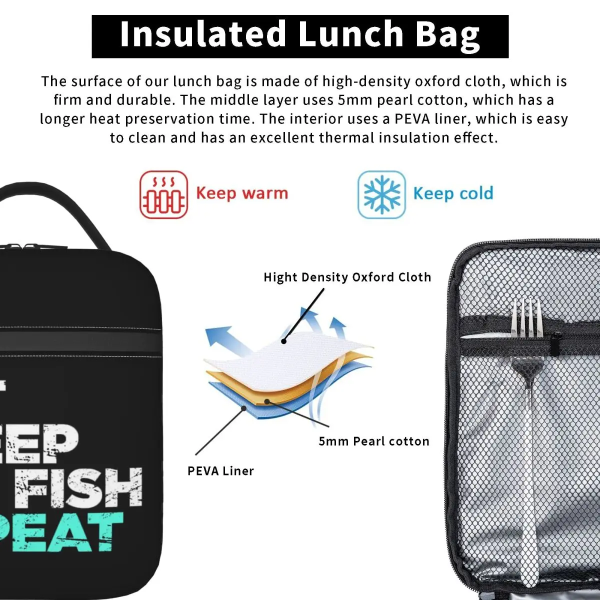 Eat Sleep Fly Fish Fly Fishing Graphic Insulated Lunch Bag for Women Children Portable Food Boxes Thermal Lunch Box Tote