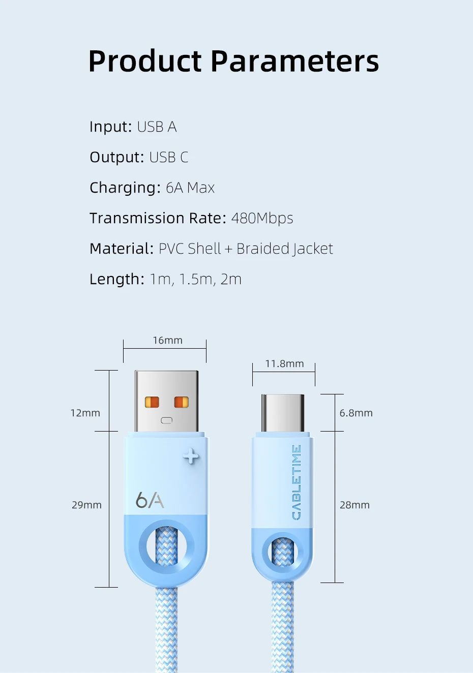 CABLETIME USB A auf USB C Kabel 6A Super Ladung Telefon Kabel Für Huawei Mate 60 Honor 100 W/88 W XIAOMI Schnelle Ladekabel – Detail 13