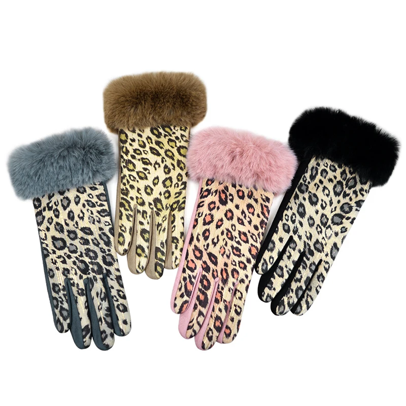 Leopard Print Touch Screen Gloves One Side Leopard Print Hair Mouth Design Winter Women Warm Padded Split Finger Gloves Riding