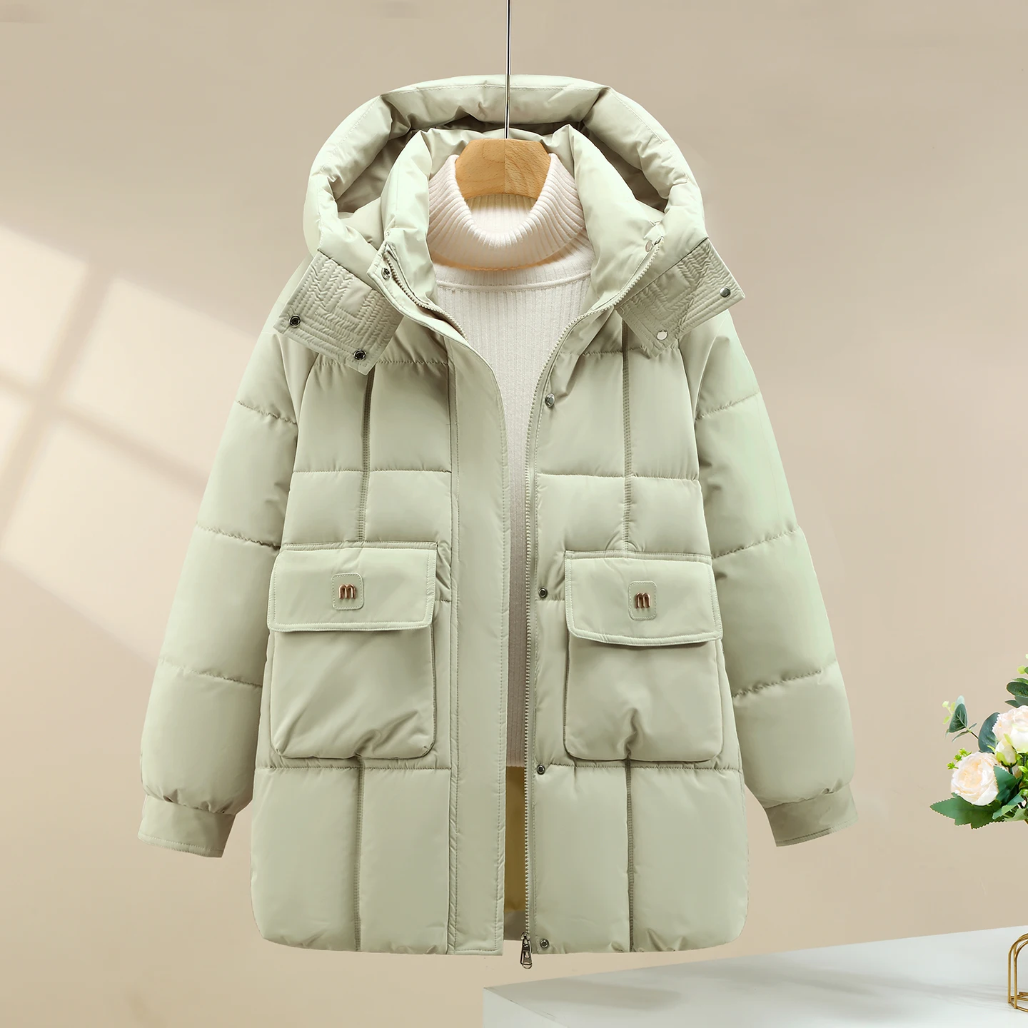 

Зимнее хлопковое тюлевое женское пальто средней длины с капюшоном, модное модное пальто на молнии, цветное пальто для поездок на работу