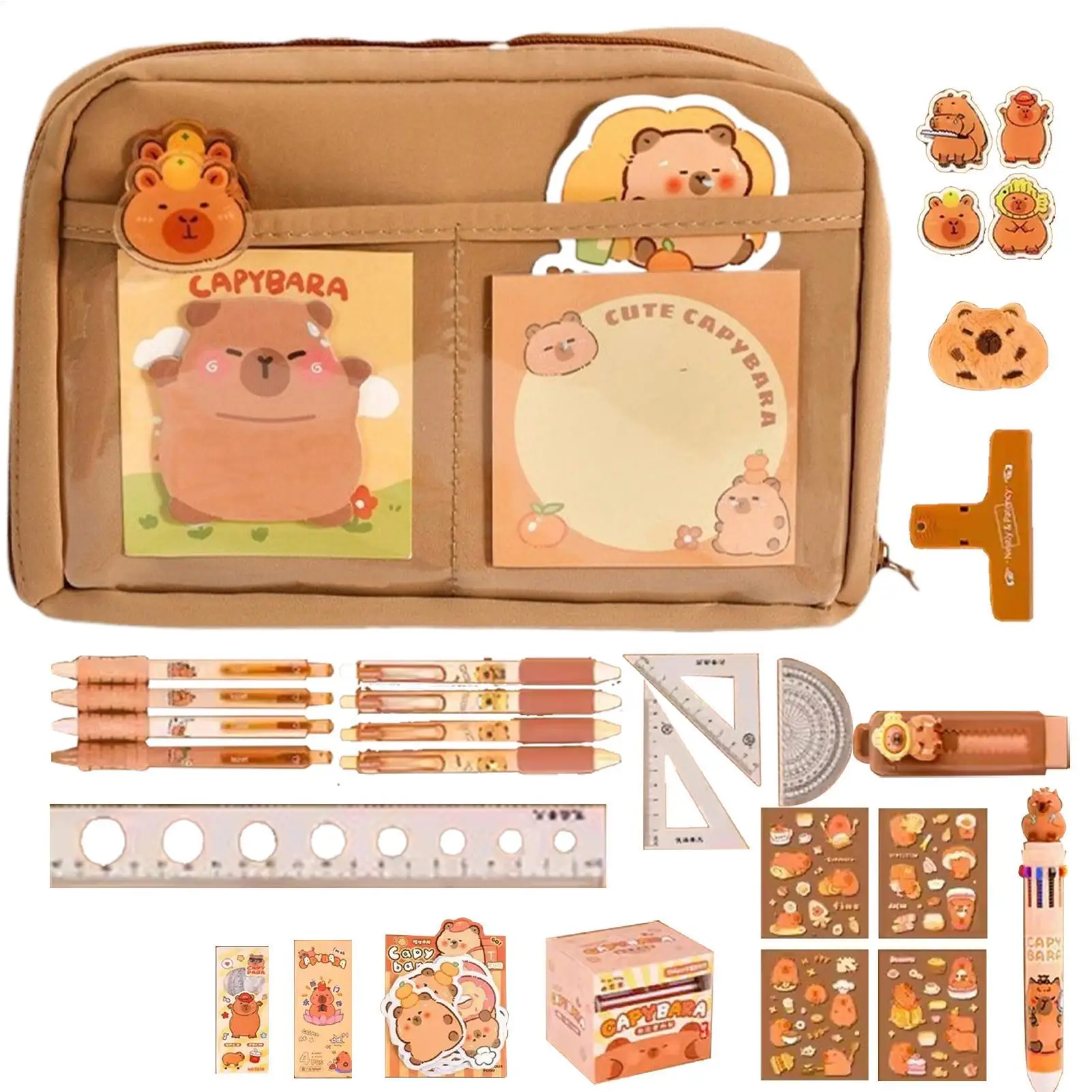 Capybara Stationery Set Portable Stationary Bag Cute Pencil Case with Pens Clips Rulers and More Wide Opening Pencil Organizer