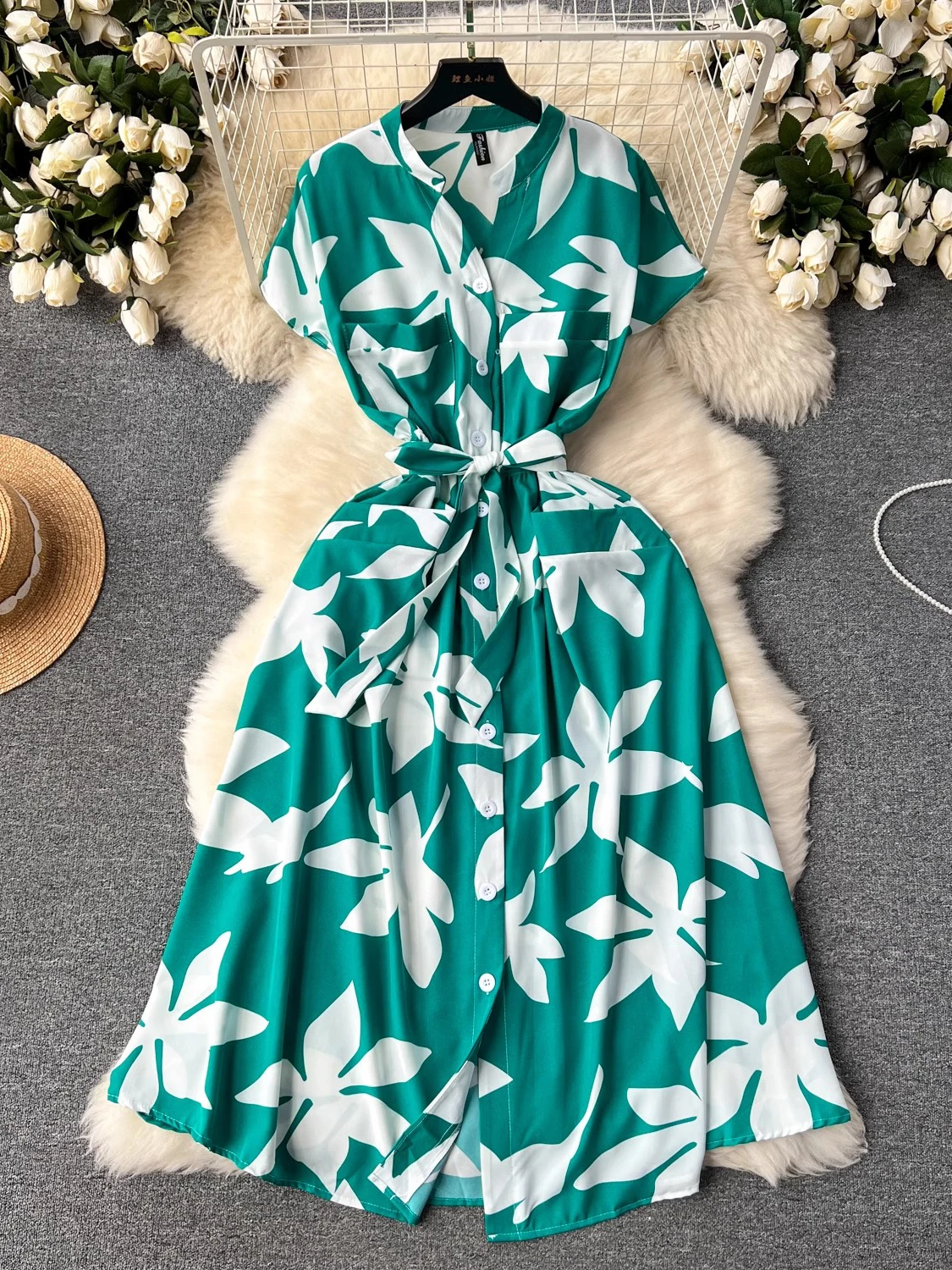 Summer Women Printed Midi Dress Vintage V-Neck Bandage Vestidos Female Elegant Pockets Single Breasted Robe Beach Vacation New