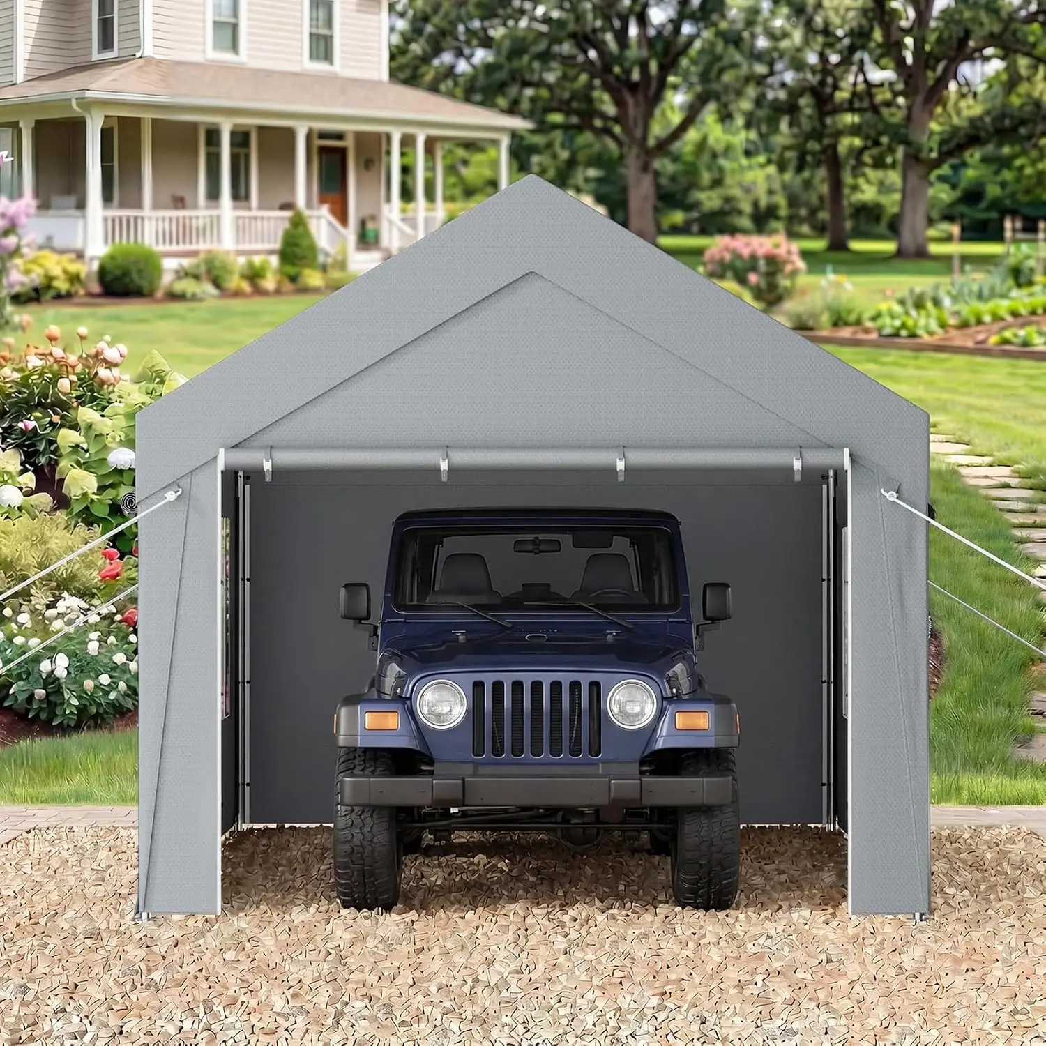 10x20 Heavy Duty Carport with Galvanized Steel Frame, Portable Garage with 2 Roll-up Windows & Doors, Removable Sidewalls