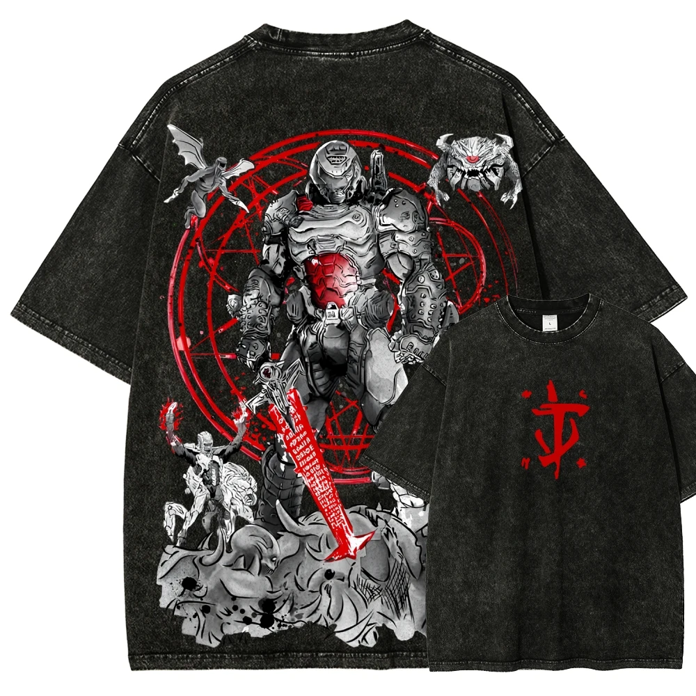 Camiseta lavada Doom Anime Lover, ropa para todo el año, ropa de personalidad de nuevo modelo, talla grande, unisex, producto suave de alta calidad
