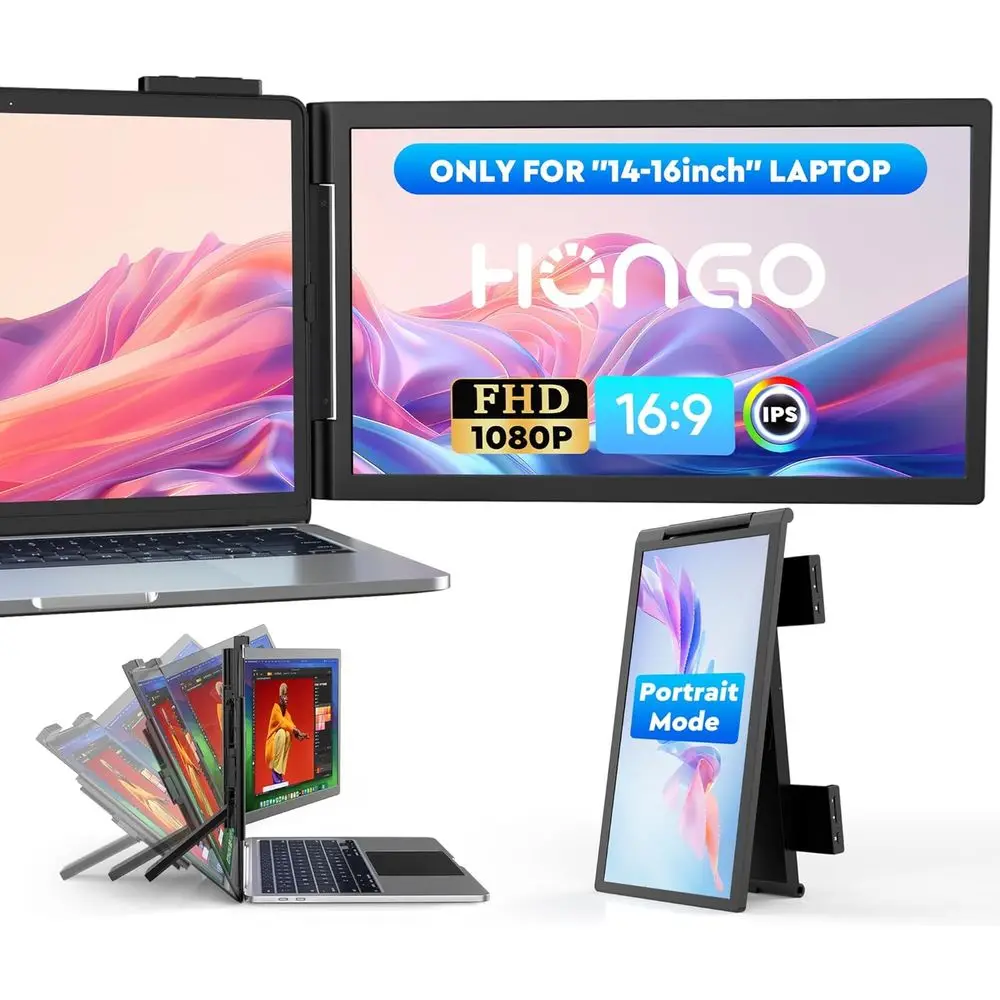 Portable 14 HD 1080P IPS Monitor, USB-C/HDMI, Dual Display for 14-16 Laptops, Compatible with Windows, Android, Switch, PS5