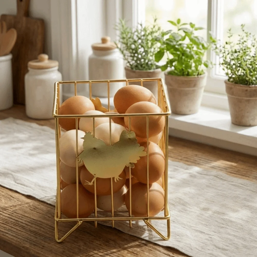 Rustic Egg Gathering Basket Openwork Iron Hen Pattern Storage Basket Sturdy Decorative Candy Storage Basket Refrigerator Storage
