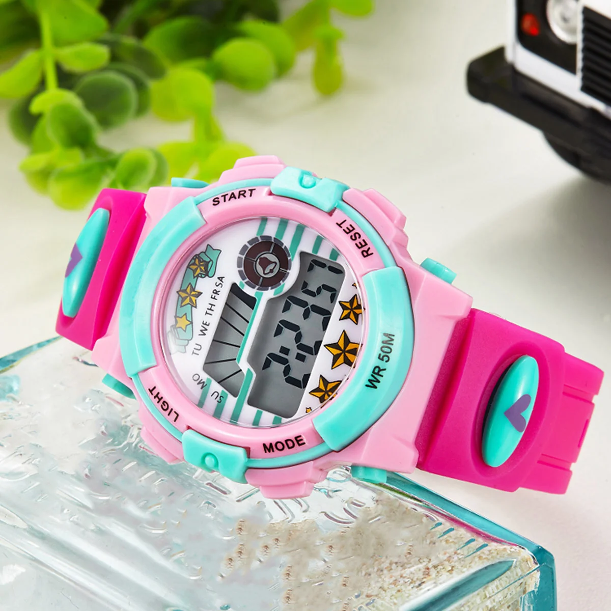 Waterproof Sports Digital Watch Rose Red ABS Plastic Adjustable Rubber Band Stopwatch Alarm Backlight Multi-Function Unisex