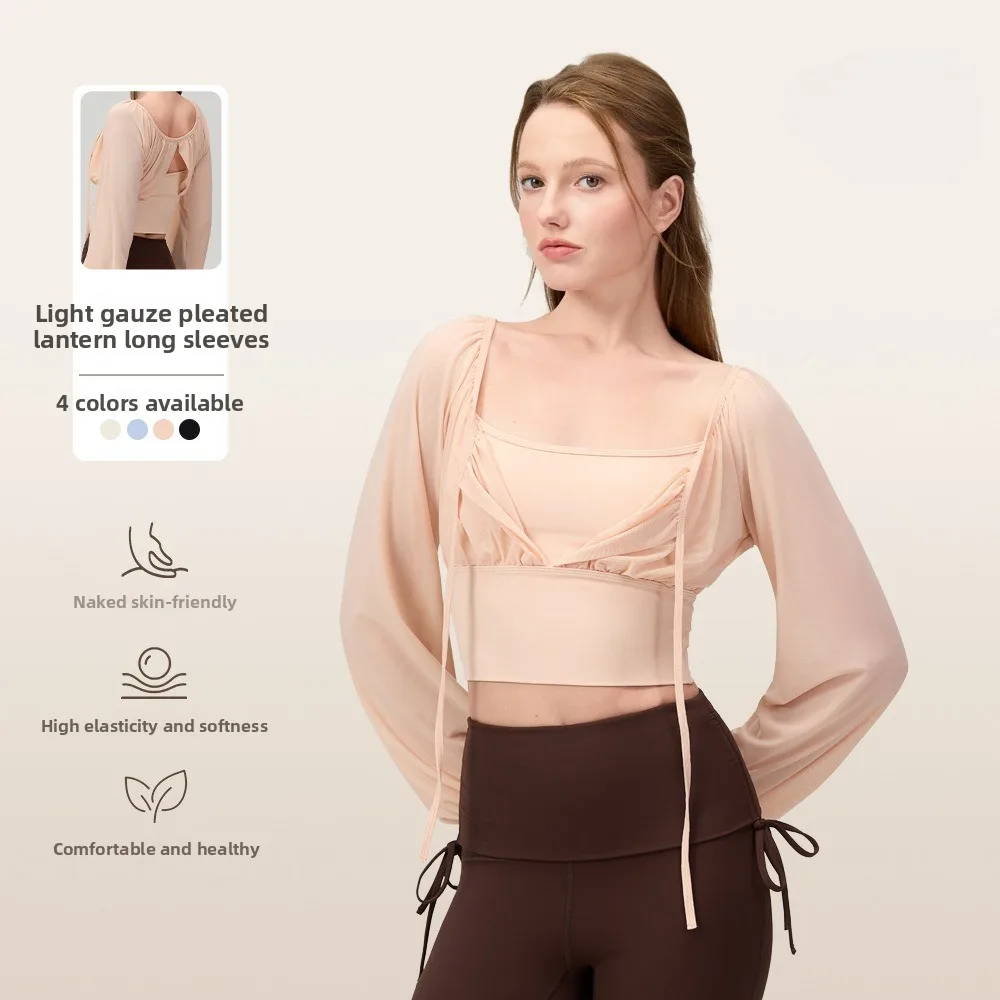 Mesh Lantern Sleeve Sports Long Sleeved T-shirt with Chest Cushion Top, Quick Drying Bra, Fitness Suit for Women