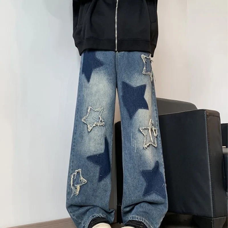  Jeans Men Straight Star Embroidery Patchwork Autumn jeans uomo Wide Leg Hip-hop Fashion Youth Neutral Streetwear Denim Trousers