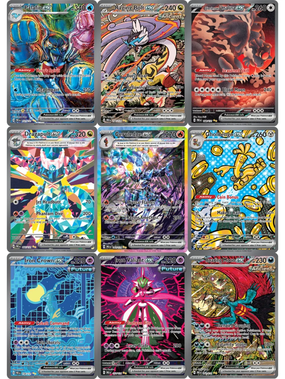 

9PCs Pokemon Cards PTCG Prismatic Evolutions Ultra Rare Roaring Moon Bloodmoon Raging Bolt Pokemon Collectible Trading Card Gift