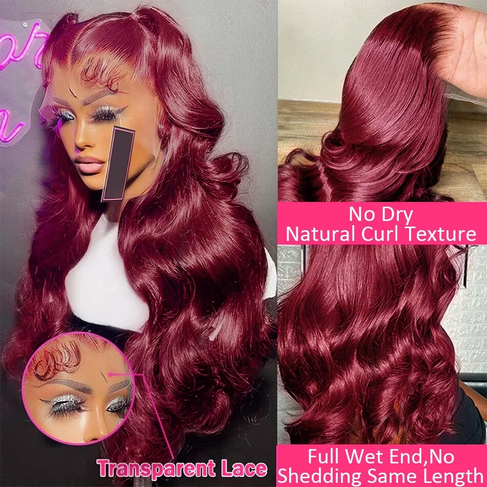 Burgundowa 99J koronkowa peruka na przód typu Body Wave 13x4HD przezroczysta koronka przodu peruka z ludzkich włosów brazylijskie kolorowe peruki Remy dla kobiet