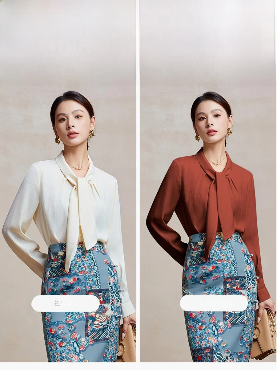 

Ele Simple Women's irt with Sa in Apricot Color Faionable Versatile Top Commute Sle Polyester Fiber Long Sve