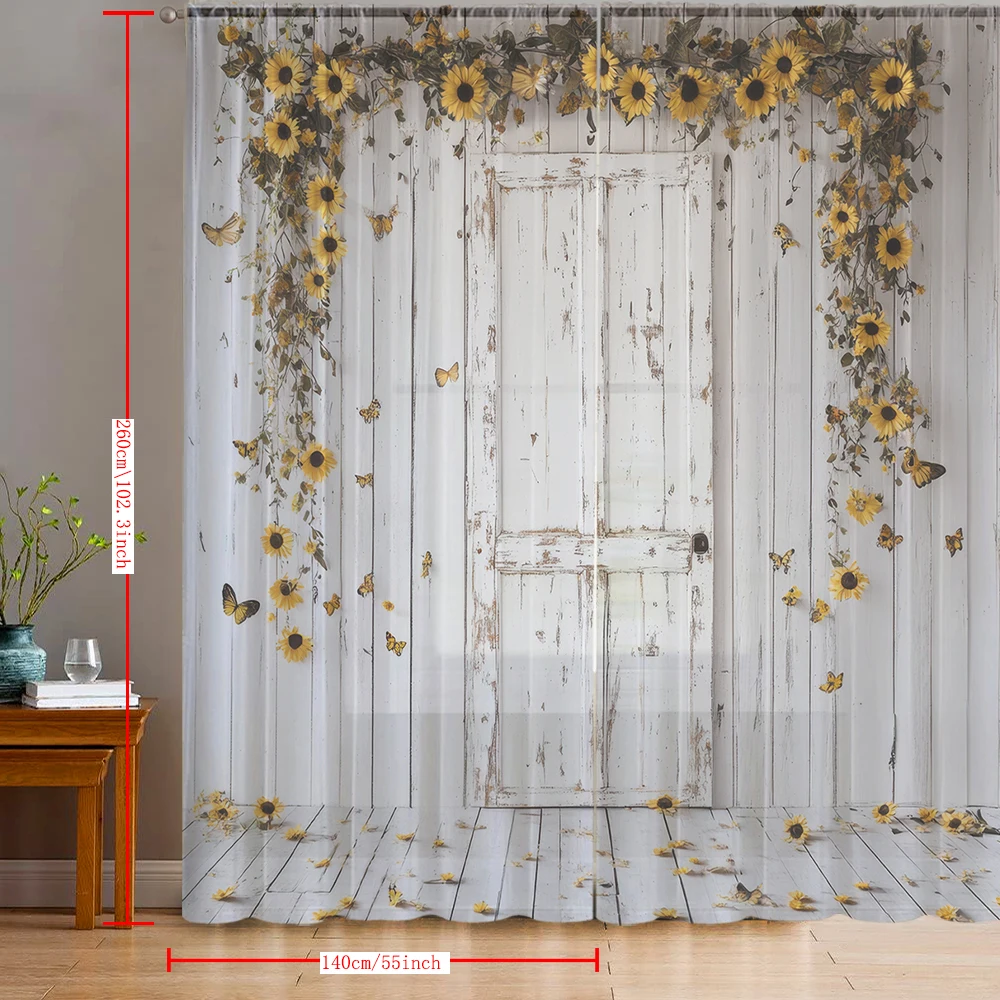 2PCS Home decoration daisy and wood grain 2D printed window screens with pole bags, suitable for kitchens, cafes, and living roo