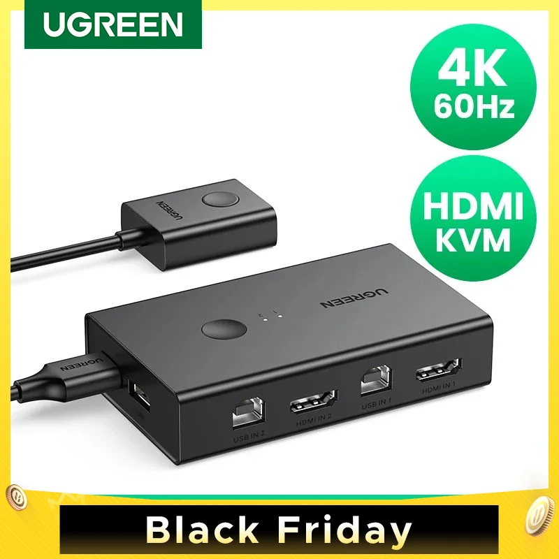 UGREEN Przełącznik KVM HDMI 4K@60Hz Przełącznik USB 2.0 2 wejścia 1 wyjście do drukarki Monitor Klawiatura Mysz 2 komputery Udostępnianie 1 rozdzielacz urządzeń