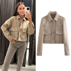 HXAO Cropped Bomber Jacket for Women Coat Aviator Jackets outerwears Crop Wool & Blends Coats Autumn Winter Tweed Jacket