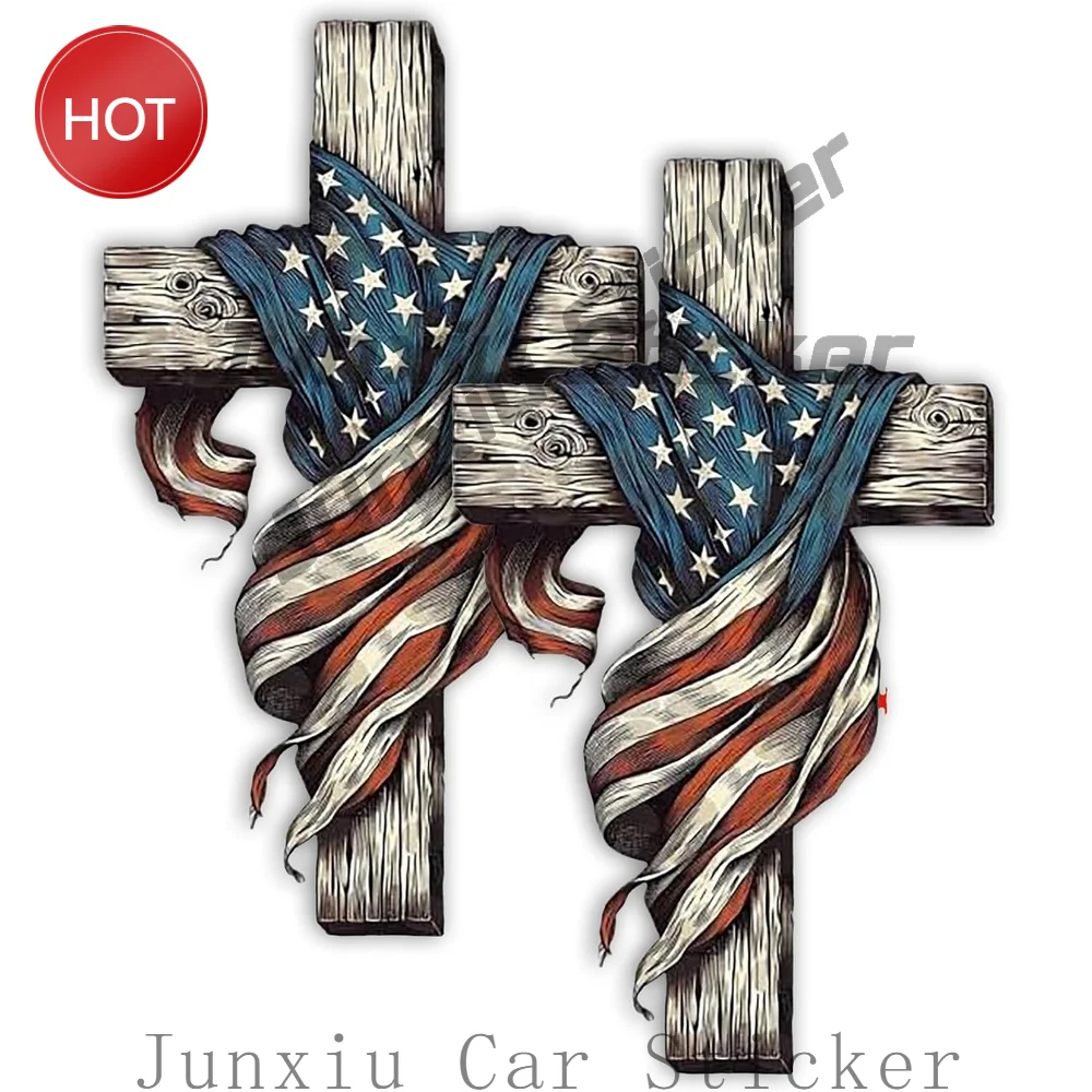 2 Pack American Flag Rustic Cross PVC Vinyl Sticker For Car Window And Travel Journal Heritage Theme Decoration Decal