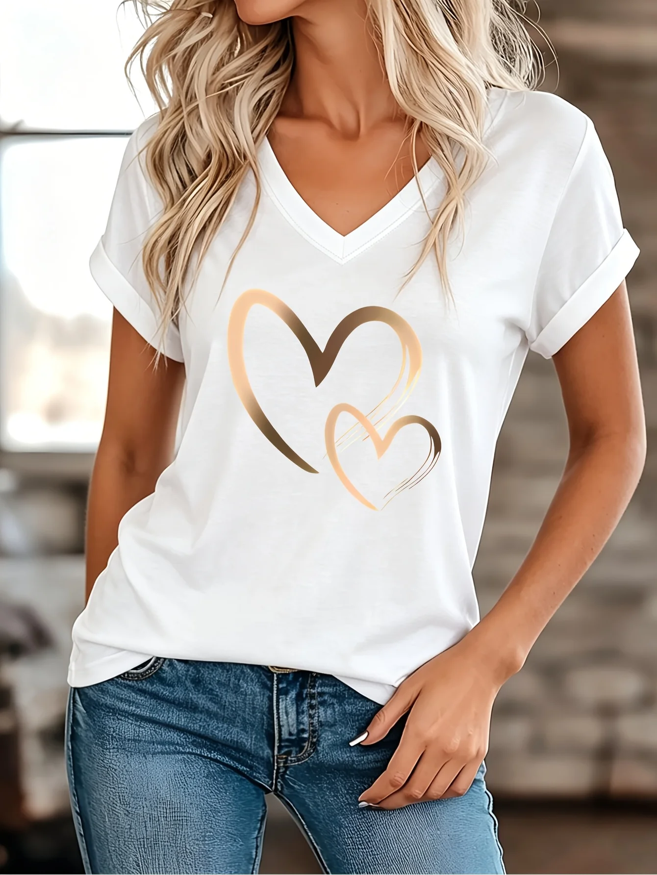 Women's Golden Double Heart Art Printed V-neck Short sleeved T-shirt, Summer Thin Fashion Casual Comfortable Pullover Top Tee