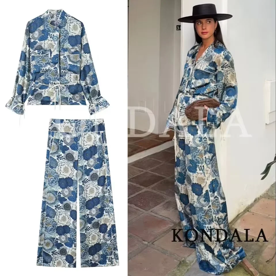 KONDALA Damen Vintage Chic Bedrucktes Hosenset Elegante Schnürblusen, Lange Hosen 2026 Frühling Sommer Trendiges Urlaubsset – Detail 3