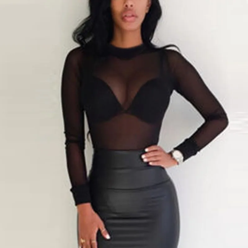 2023 Sexy Women T Shirt See Through Transparent Mesh Tops Long Sleeve Sheer Slim Ladies Turtleneck T-Shirt