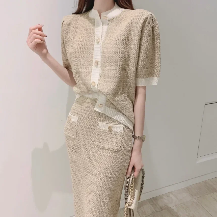 New Elegant Knit Skirt Sets Women Summer Korean Fashion Short Sleeve Cardigan Top + Long Skirt Suit 2 Piece Womens Outfits Chic