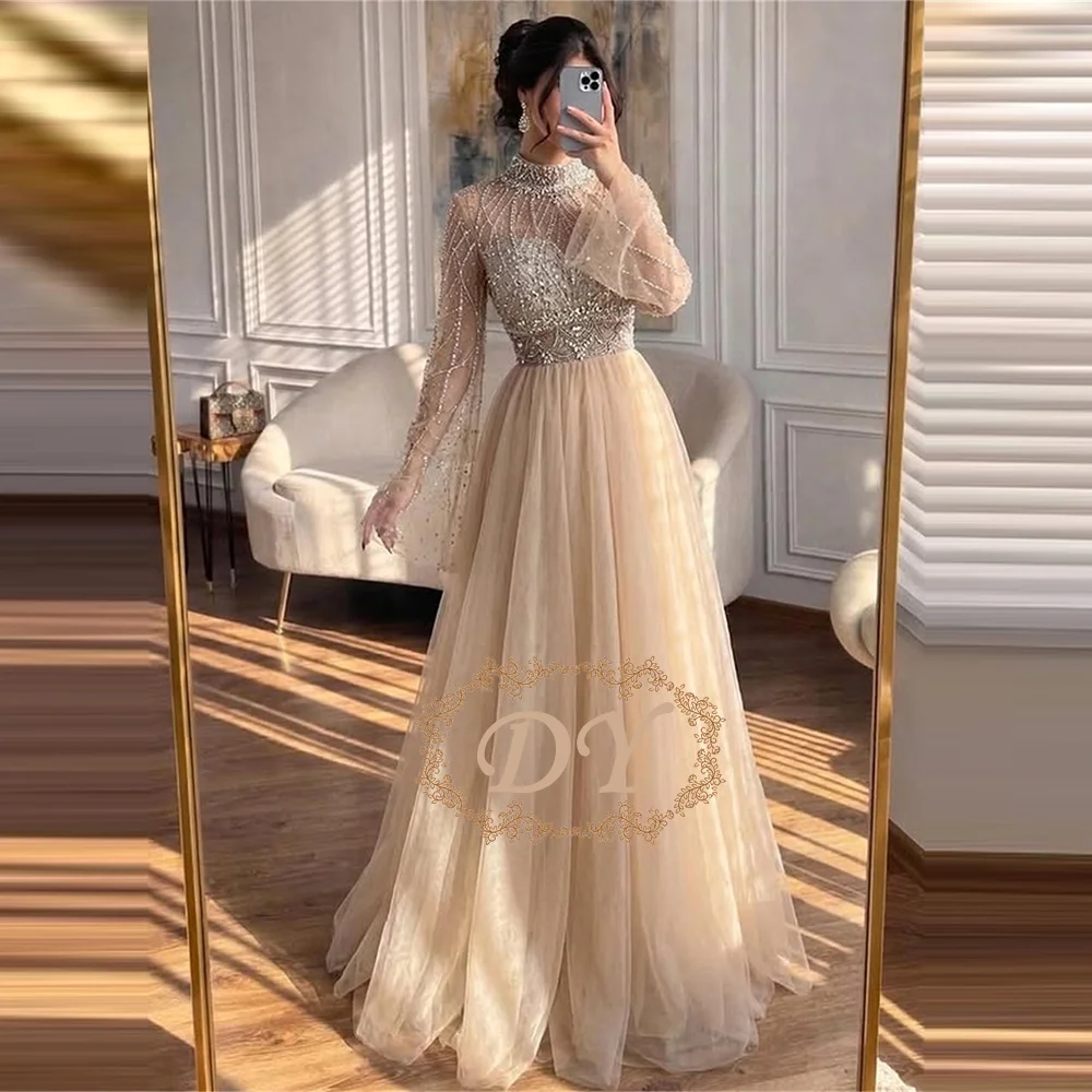 DY Maßgeschneidertes Exquisites Tüll A-Linien Abendkleid mit Perlen und Pailletten Sexy Langarm Bodenlange Partykleider