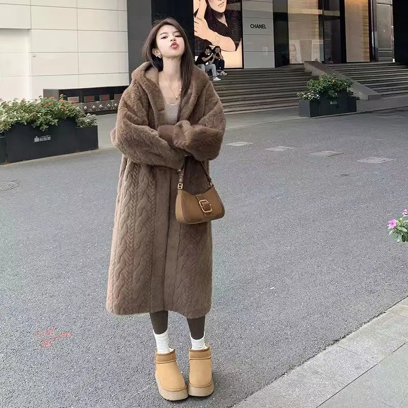 Faux Fur Long Coats Women Jackets Hooded Coat Thick Warm Y2k Streetwear Casual Loose Jacket Work Outerwear Autumn Winter 2025