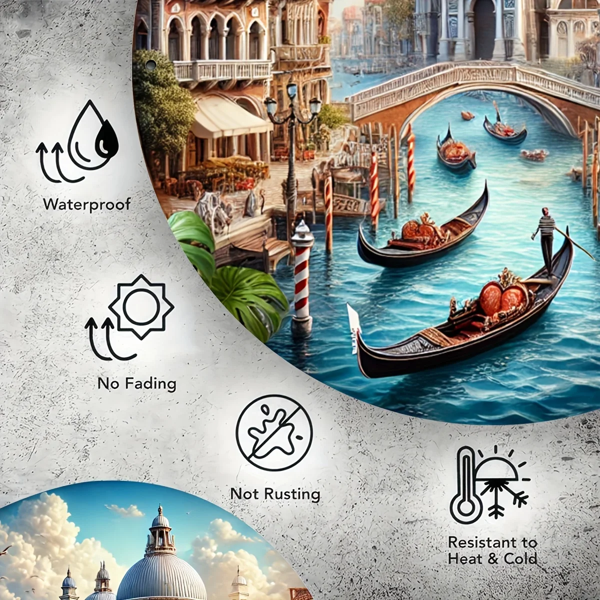 Venice Canal Scene Round Metal Wall Art – 8x8 Iron Sign with Underwater Skyline, Gothic-Style Buildings & Serene Water Reflectio
