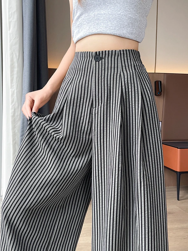 Ice Silk Striped Wide Leg Pants Women's Summer High Waist Loose Casual Straight Long Cotton Linen Floor-Length Trousers