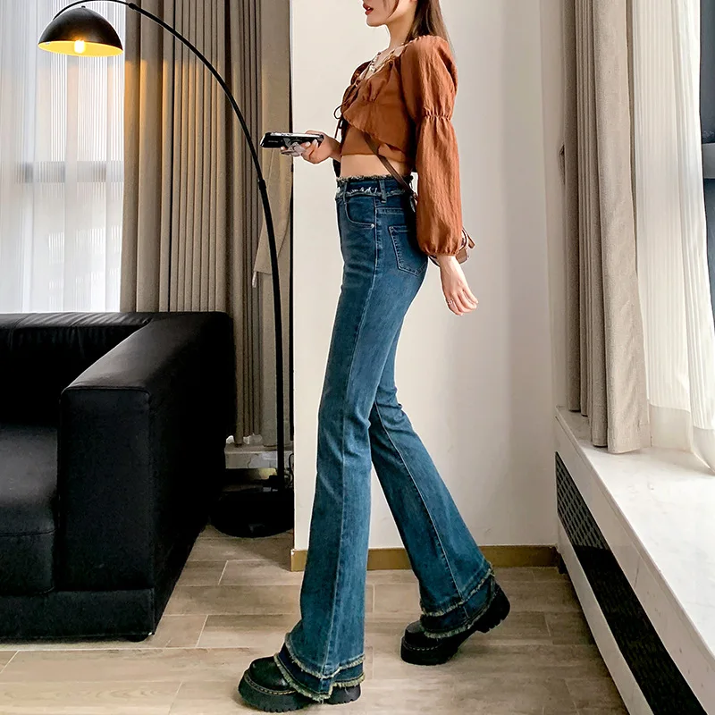 Women's Blue Black Flare Fit Slim Jeans Spring Autumn Korean Edition High Waist Slim Elastic Ragged Style Long Flare Pants