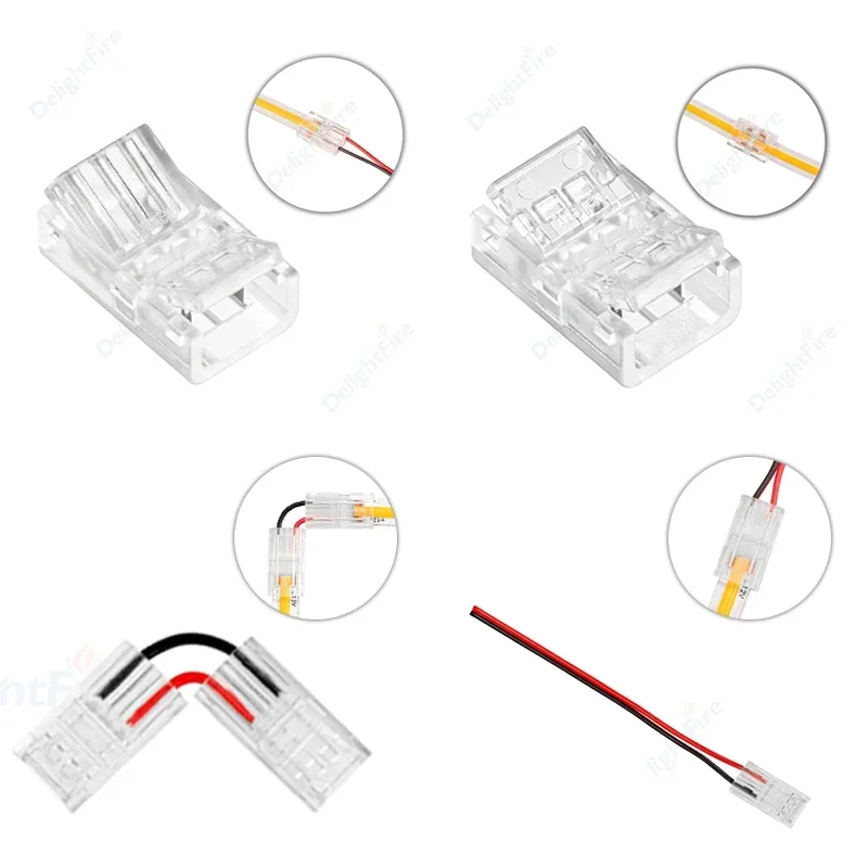 Connettore a striscia LED COB connettori rapidi per 2pin 8/10mm 2pin SMD COB 5050 2835 nastro LED monocolore senza saldatura filo di angelo destro