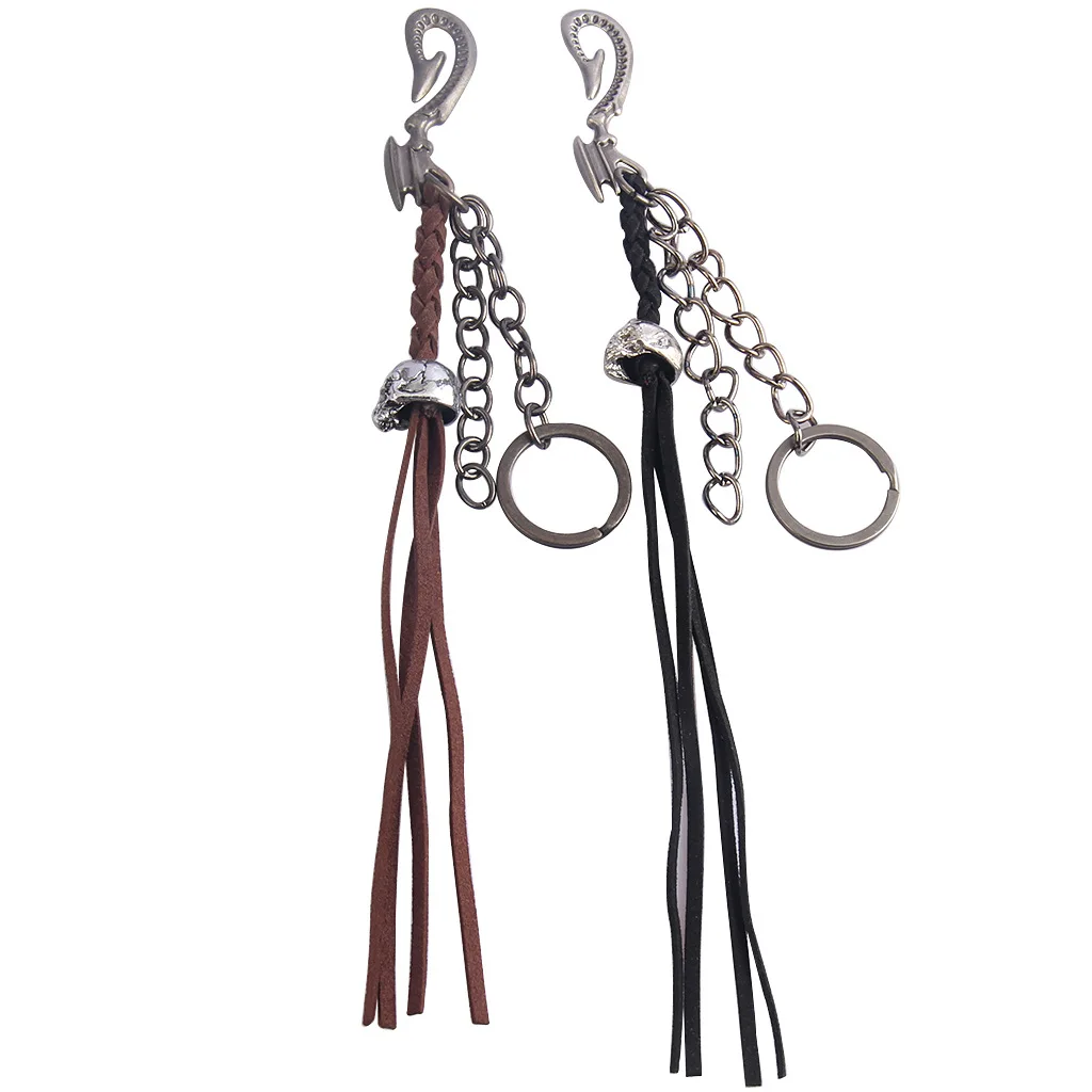 Fashion Vintage Keychain For Men Motorcycle Leather Tassels Skull Waist Pendant Accessories Jewelry