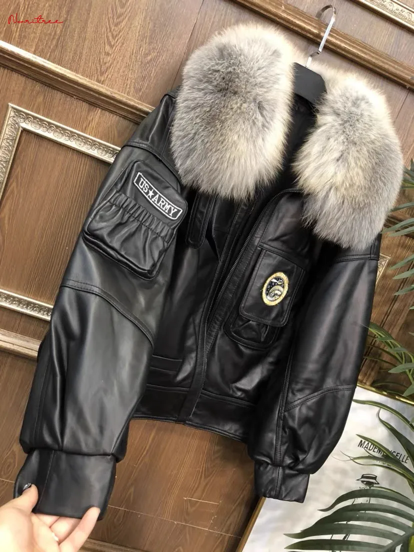 Real Leather Jacekts Natural Sheep Leather Coats Female Big Real Fox Fur Collar Cotton Coats Real Leather Jackets wy1846