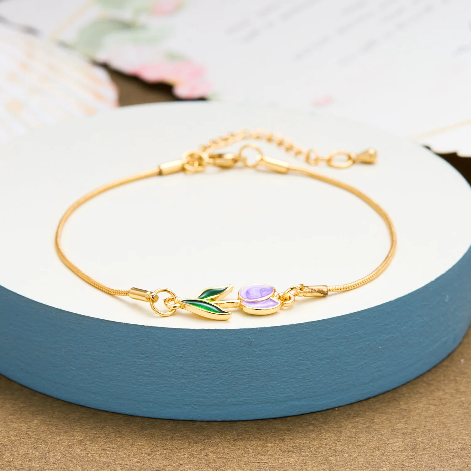 Fresh Purple Enamel Tulip Bracelet Simple Floral Fashion Anklet Jewelry for Girls Lady Mom Birthdat Gifts